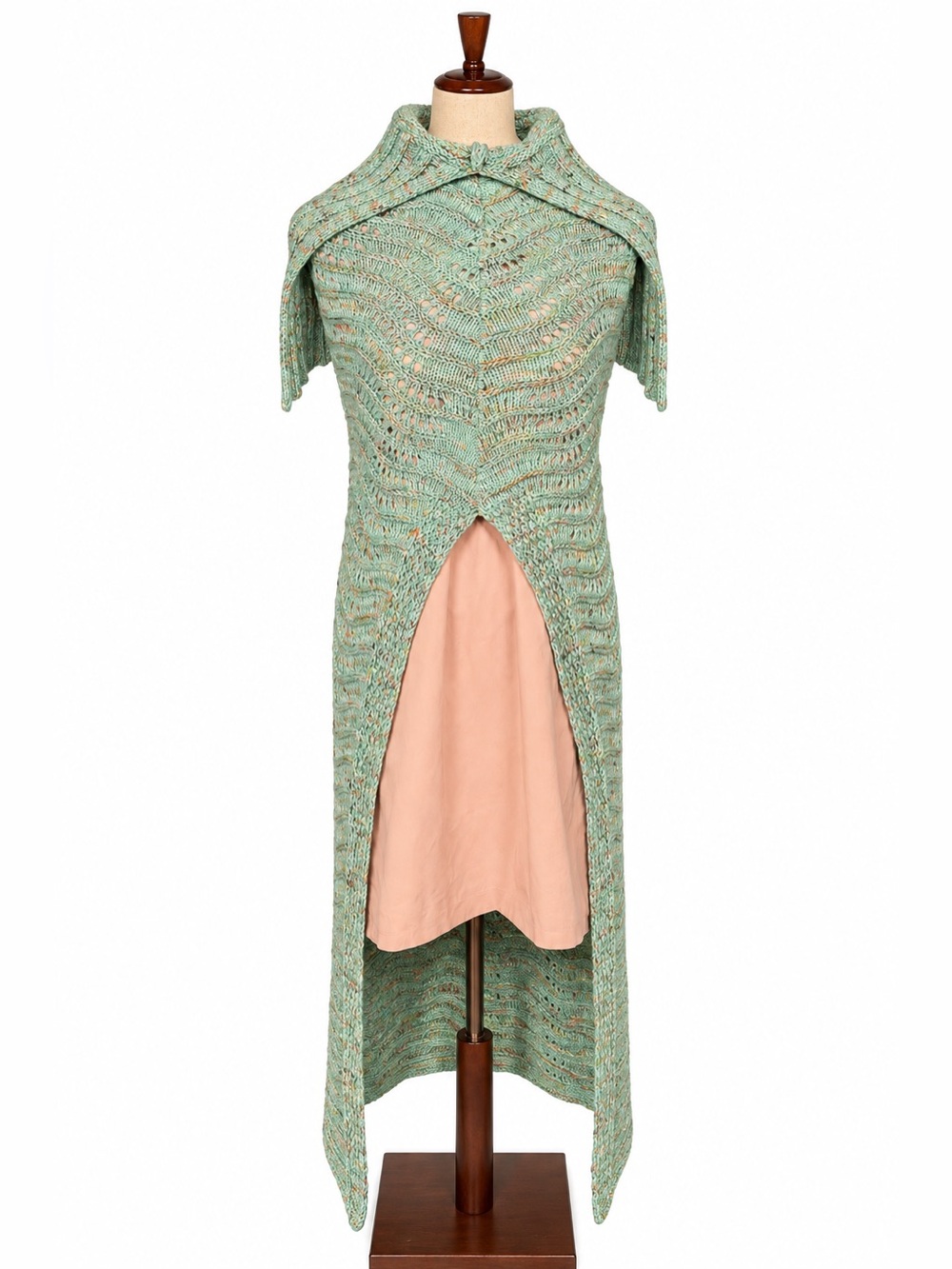 Hand knit cape shawl tube coverup. Large collar intricate pattern, Teal green XS